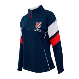 Design half - chest zipper female racing training dress tailored female sapphire blue racing training shirt sleeve matching color design zipper head design red print logo equestrian Australia W226 Design half - chest zipper female racing training dress tailored female sapphire blue racing training shirt sleeve matching color design zipper head design red print logo equestrian Australia W226